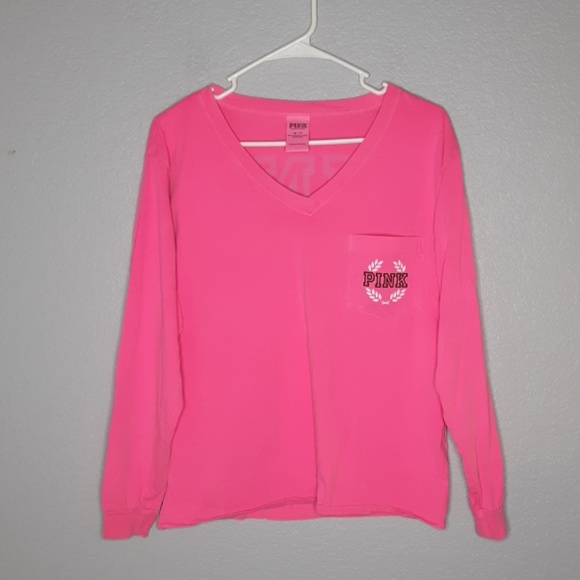 PINK Victoria's Secret Tops - Victoria Secret Pink V Neck Bright Pink Logo Tee